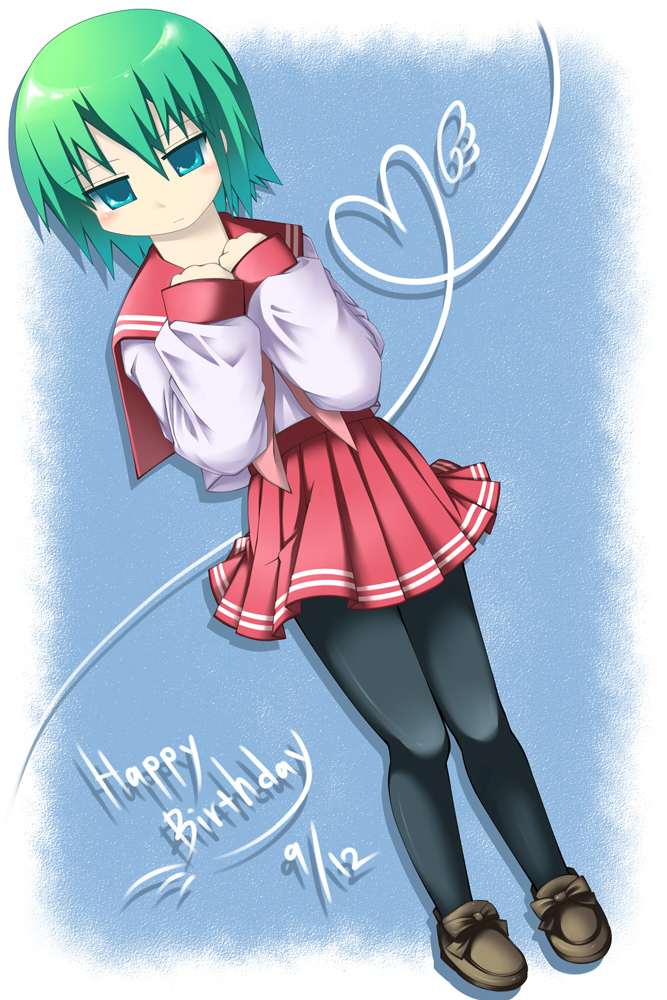 kurosiochaya, iwasaki minami, lucky star, bad id, bad pixiv id, 00s, birthday, blue eyes, green hair, pantyhose, school uniform, serafuku, short hair, solo