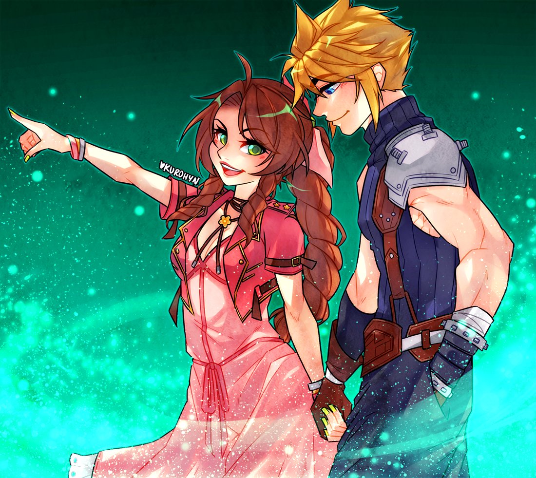 aerith gainsborough, cloud strife, final fantasy, final fantasy vii, final fantasy vii rebirth, final fantasy vii remake, 1boy, 1girl, armor, artist name, bandaged arm, bandages, bangle, belt, blonde hair, blue eyes, blue pants, blue shirt, bracelet, braid, braided ponytail, breasts, brown belt, brown gloves, brown hair, choker, cleavage, couple, cowboy shot, cropped jacket, dress, flower choker, gloves, green eyes, green nails, hair between eyes, hair bobbles, hair ornament, hair ribbon, hand in pocket, hetero, holding hands, jacket, jewelry, kurohyn, lifestream, long hair, materia, medium breasts, muscular, muscular male, nail polish, open mouth, pants, parted bangs, pauldrons, pink dress, pink ribbon, pointing, red jacket, ribbon, shirt, short hair, short sleeves, shoulder armor, sidelocks, single bare shoulder, single braid, single pauldron, sleeveless, sleeveless turtleneck, smile, spiked hair, suspenders, turtleneck