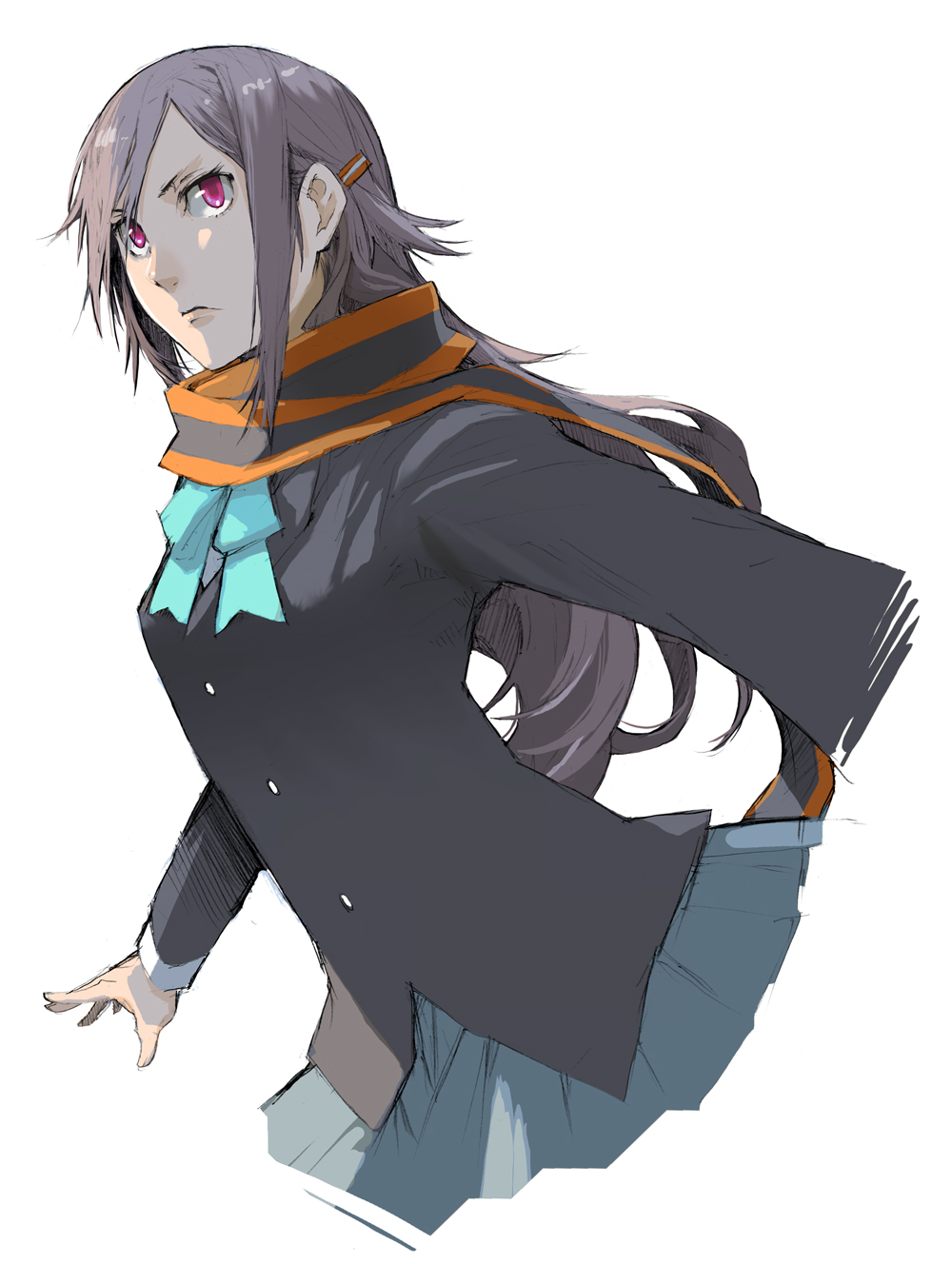 enami katsumi, yarizakura hime, original, yozakura quartet, bad id, bad pixiv id, highres, blazer, bow, grey hair, hair ornament, hairclip, jacket, lips, long hair, pink eyes, scarf, school uniform, skirt, solo