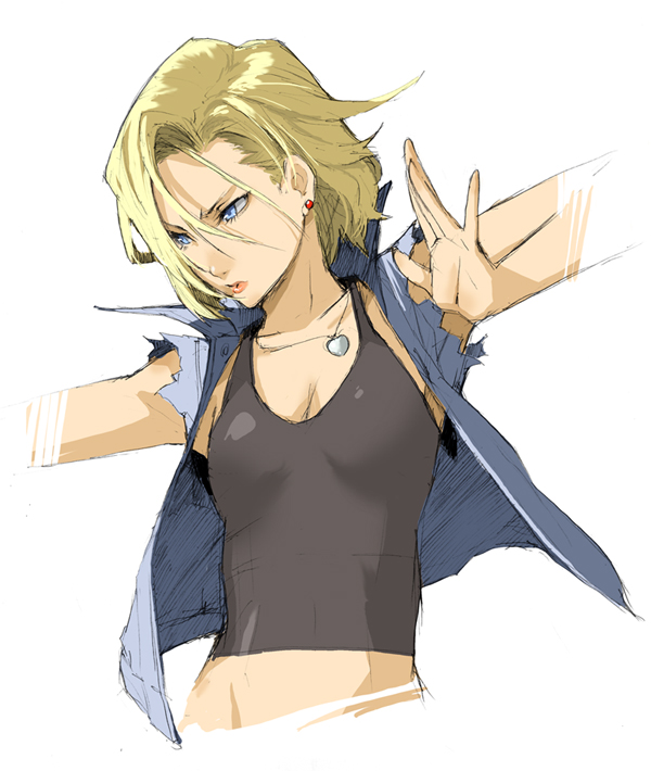 enami katsumi, android 18, dragon ball, dragonball z, 1girl, blonde hair, blue eyes, earrings, female focus, jewelry, midriff, necklace, short hair, solo, tank top, vest, white background