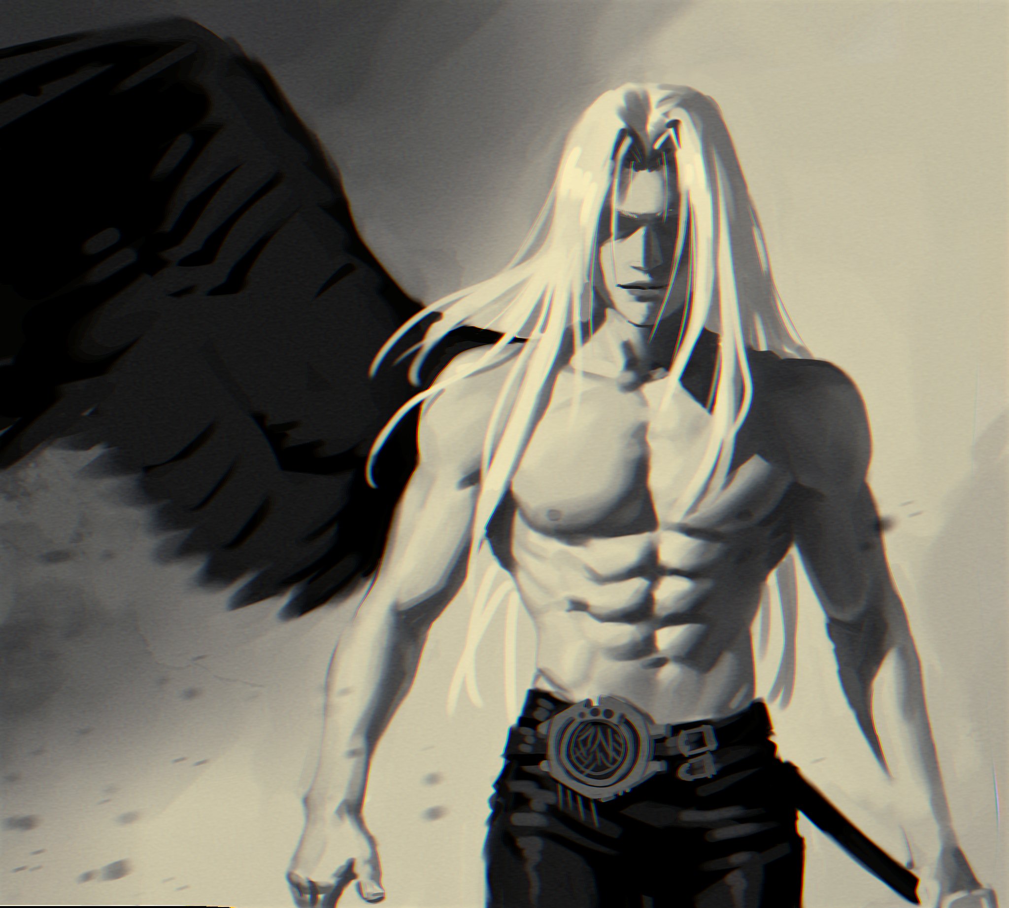 sephiroth, final fantasy, final fantasy vii, final fantasy vii rebirth, final fantasy vii remake, highres, 1boy, abs, belt, belt buckle, black belt, black pants, black wings, buckle, collarbone, cowboy shot, feathered wings, holding, holding sword, holding weapon, jeseni, long bangs, long hair, male focus, masamune (ff7), muscular, muscular male, pants, parted bangs, pectorals, single wing, solo, sword, topless male, weapon, white hair, wings