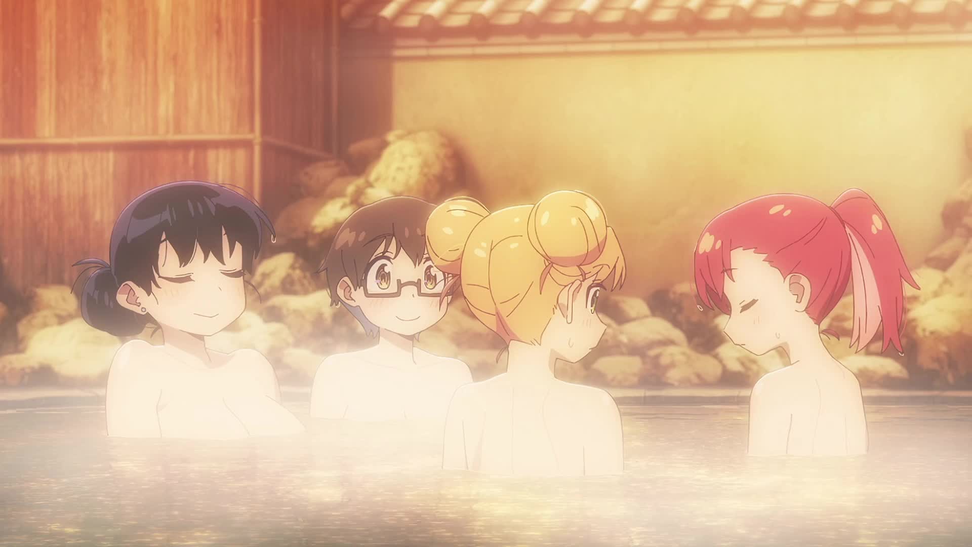 arato nagi, imari youko, seto shouko, tanigawa ruri, ruri no houseki, animated, anime screenshot, highres, sound, tagme, video, 4girls, back, black hair, blonde hair, breasts, brown hair, closed eyes, collarbone, completely nude, double bun, earrings, glasses, hair bun, jewelry, large breasts, long hair, multiple girls, nude, onsen, partially submerged, ponytail, red hair, same-sex bathing, shared bathing, short hair, shoulder blades, small breasts, steam, water