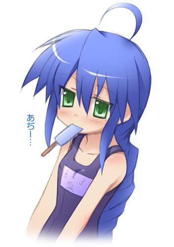 katami shinta, izumi konata, lucky star, lowres, 00s, 1girl, ahoge, alternate hairstyle, blue hair, braid, female focus, food, green eyes, long hair, mole, mole under eye, mouth hold, one-piece swimsuit, popsicle, school swimsuit, solo, swimsuit
