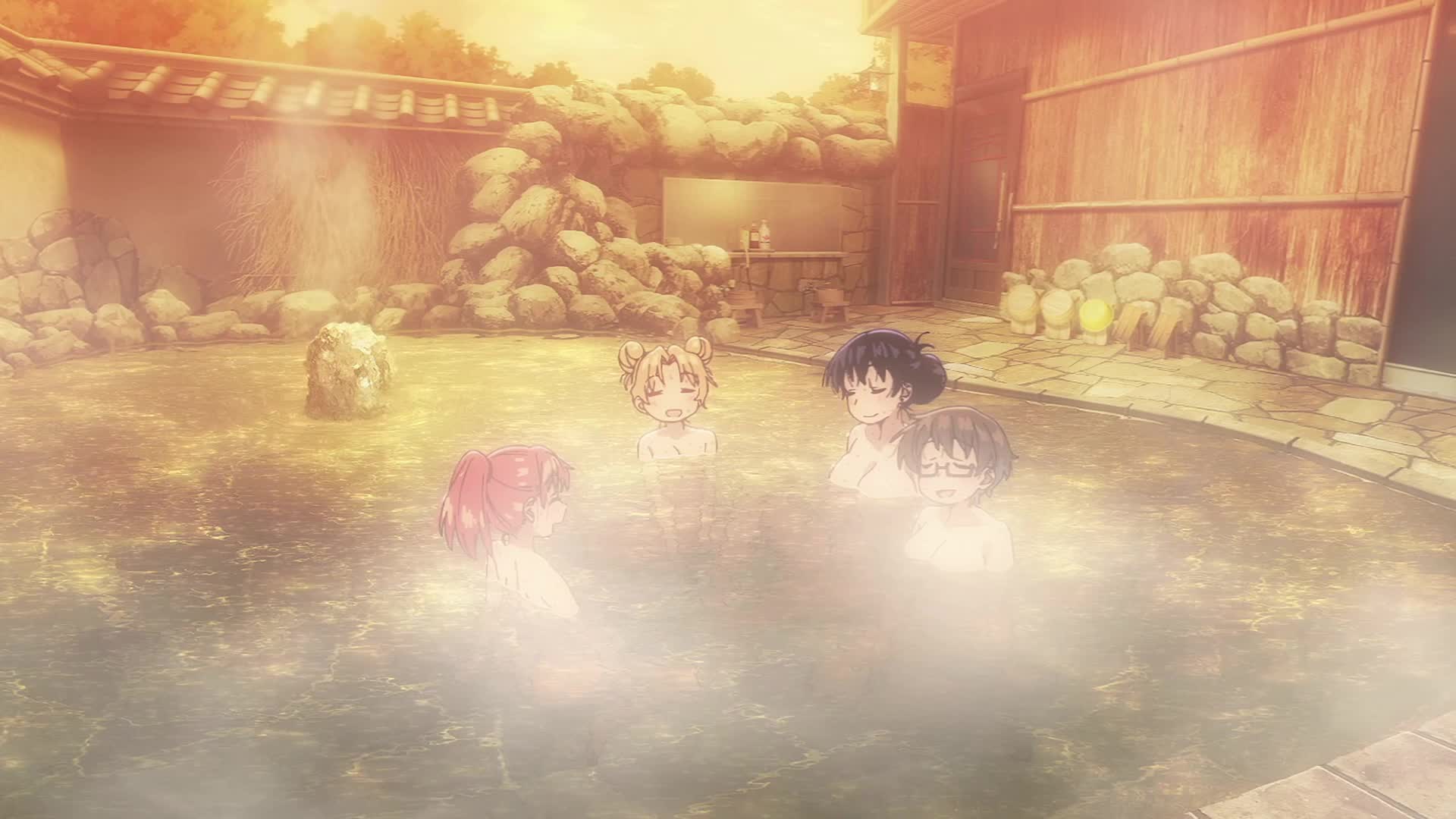 arato nagi, imari youko, seto shouko, tanigawa ruri, ruri no houseki, animated, anime screenshot, highres, sound, tagme, video, 4girls, back, black hair, blonde hair, breasts, brown hair, closed eyes, collarbone, completely nude, double bun, earrings, glasses, hair bun, jewelry, large breasts, long hair, multiple girls, nude, onsen, partially submerged, ponytail, red hair, same-sex bathing, shared bathing, short hair, shoulder blades, small breasts, steam, water