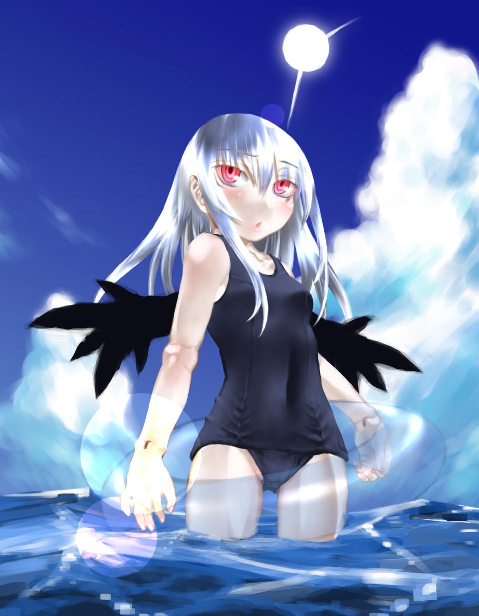 kakashichi, suigintou, rozen maiden, silver hair, highres, 00s, black one-piece swimsuit, doll joints, innertube, joints, long hair, one-piece swimsuit, pink eyes, school swimsuit, solo, swim ring, swimsuit, water, wings