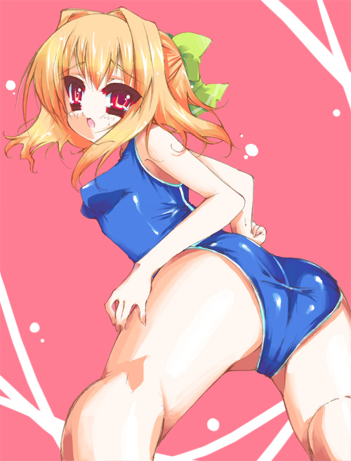 akikaze tsumuji, aisia, da capo, da capo i, bad id, bad pixiv id, 00s, 1girl, bad anatomy, female focus, one-piece swimsuit, ribbon, school swimsuit, short hair, solo, swimsuit