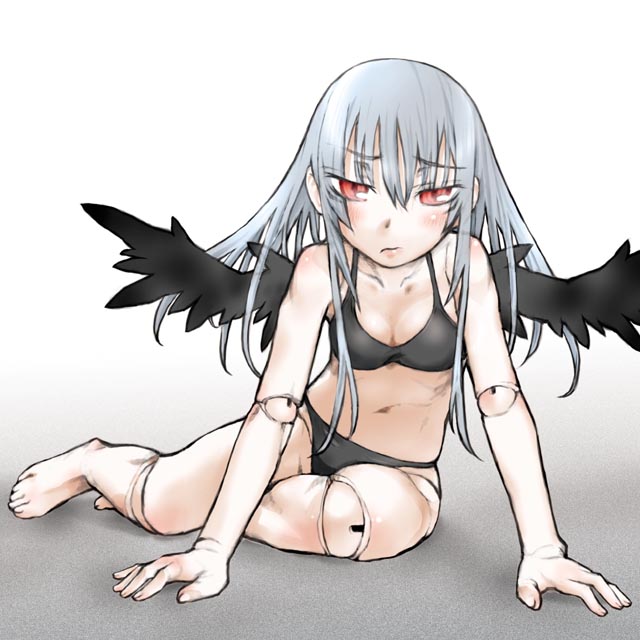 kakashichi, suigintou, rozen maiden, silver hair, 00s, arm support, balljoints, barefoot, bikini, black bikini, blush, doll joints, joints, midriff, red eyes, swimsuit, wings