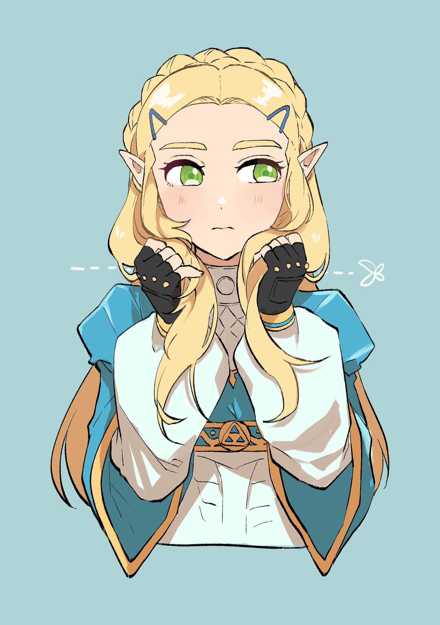 noki (nikumasyumaro), princess zelda, nintendo, the legend of zelda, the legend of zelda: breath of the wild, commentary request, highres, 1girl, black gloves, blonde hair, blue shirt, blush, braid, closed mouth, cropped torso, crown braid, fingerless gloves, gloves, green eyes, hair ornament, hairclip, long hair, pointy ears, shirt, solo
