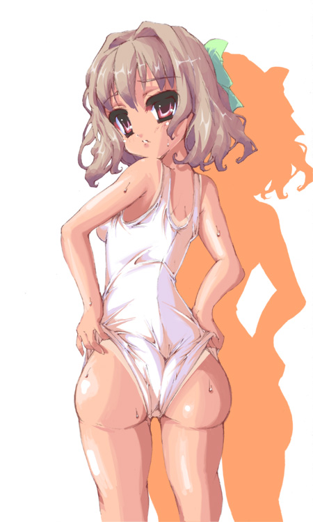 akikaze tsumuji, aisia, da capo, da capo i, bad id, bad pixiv id, 00s, 1girl, aisai, ass, bad anatomy, female focus, one-piece swimsuit, ribbon, short hair, solo, swimsuit