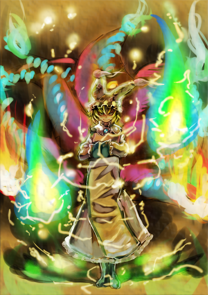 manntake, manntake (pixiv), mantake, yakumo ran, touhou, 1girl, animal hat, blonde hair, colorful, danmaku, electricity, female focus, full body, hat, long sleeves, looking at viewer, mob cap, short hair, solo, sparkle, tabard, tassel, wide sleeves