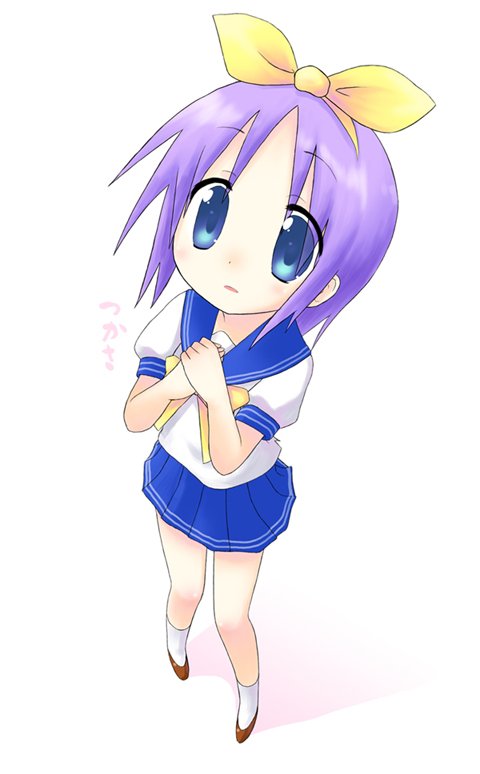 kuromaru9, hiiragi tsukasa, lucky star, bad id, bad pixiv id, 00s, blue eyes, from above, own hands clasped, own hands together, purple hair, ribbon, school uniform, serafuku, short hair, solo