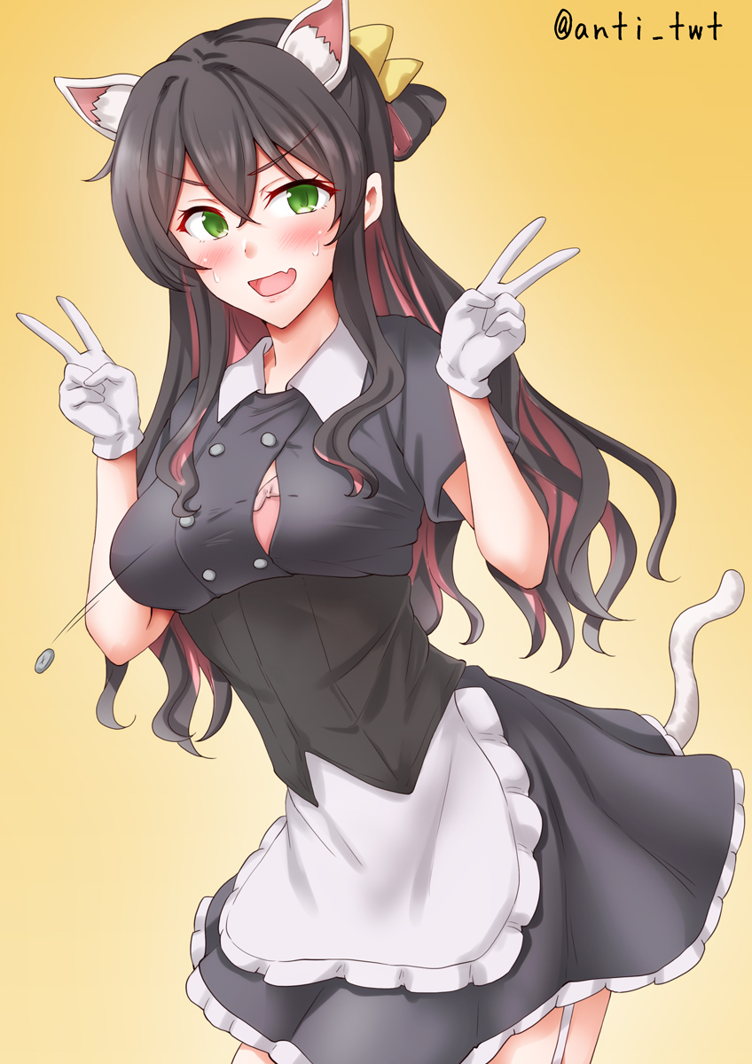 anti (untea9), naganami (kancolle), kantai collection, highres, 1girl, alternate costume, animal ear fluff, animal ears, apron, black dress, black hair, blush, bra, breasts, cat ears, cat tail, cowboy shot, double v, dress, enmaided, fake animal ears, fake tail, fang, gradient background, green eyes, long hair, looking at viewer, maid, maid apron, medium breasts, multicolored hair, open mouth, pink bra, pink hair, smile, solo, tail, two-tone hair, underwear, v, waist apron, wardrobe malfunction, wavy hair, white apron, yellow background