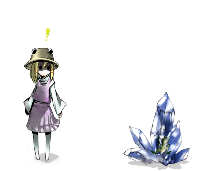 manntake, manntake (pixiv), mantake, moriya suwako, touhou, !, 1girl, blonde hair, crystal, female focus, frog, hat, ice, short hair, solo