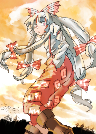 manntake, manntake (pixiv), mantake, fujiwara no mokou, touhou, silver hair, lowres, 1girl, bow, female focus, long hair, pants, red eyes, solo