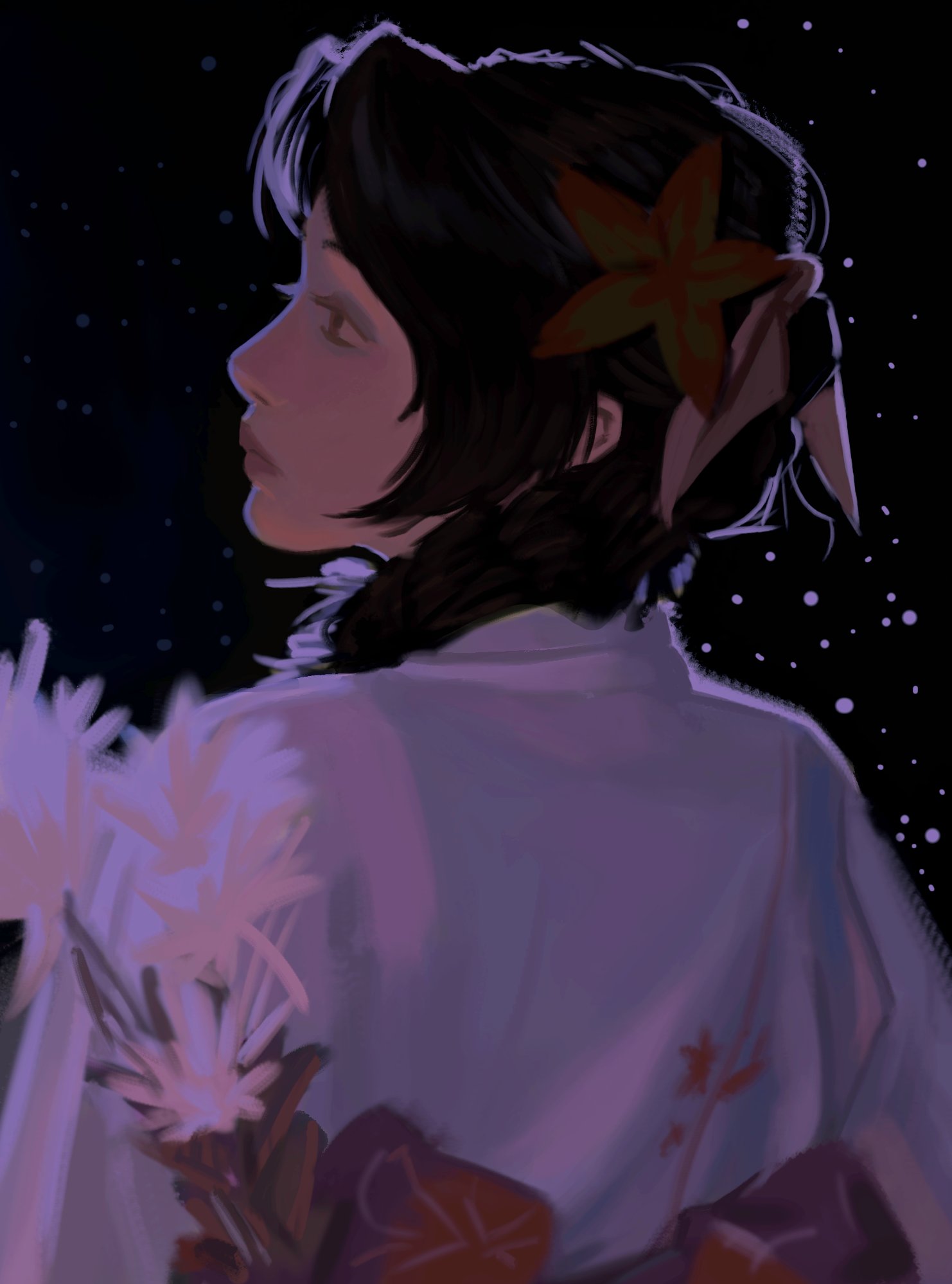 final fantasy, final fantasy vii, highres, 1girl, alternate costume, black background, braid, braided ponytail, brown hair, closed mouth, flower, from behind, hair flower, hair ornament, hair ribbon, japanese clothes, jeseni, kimono, long hair, parted bangs, pink ribbon, profile, red flower, ribbon, sidelocks, solo, upper body, white kimono