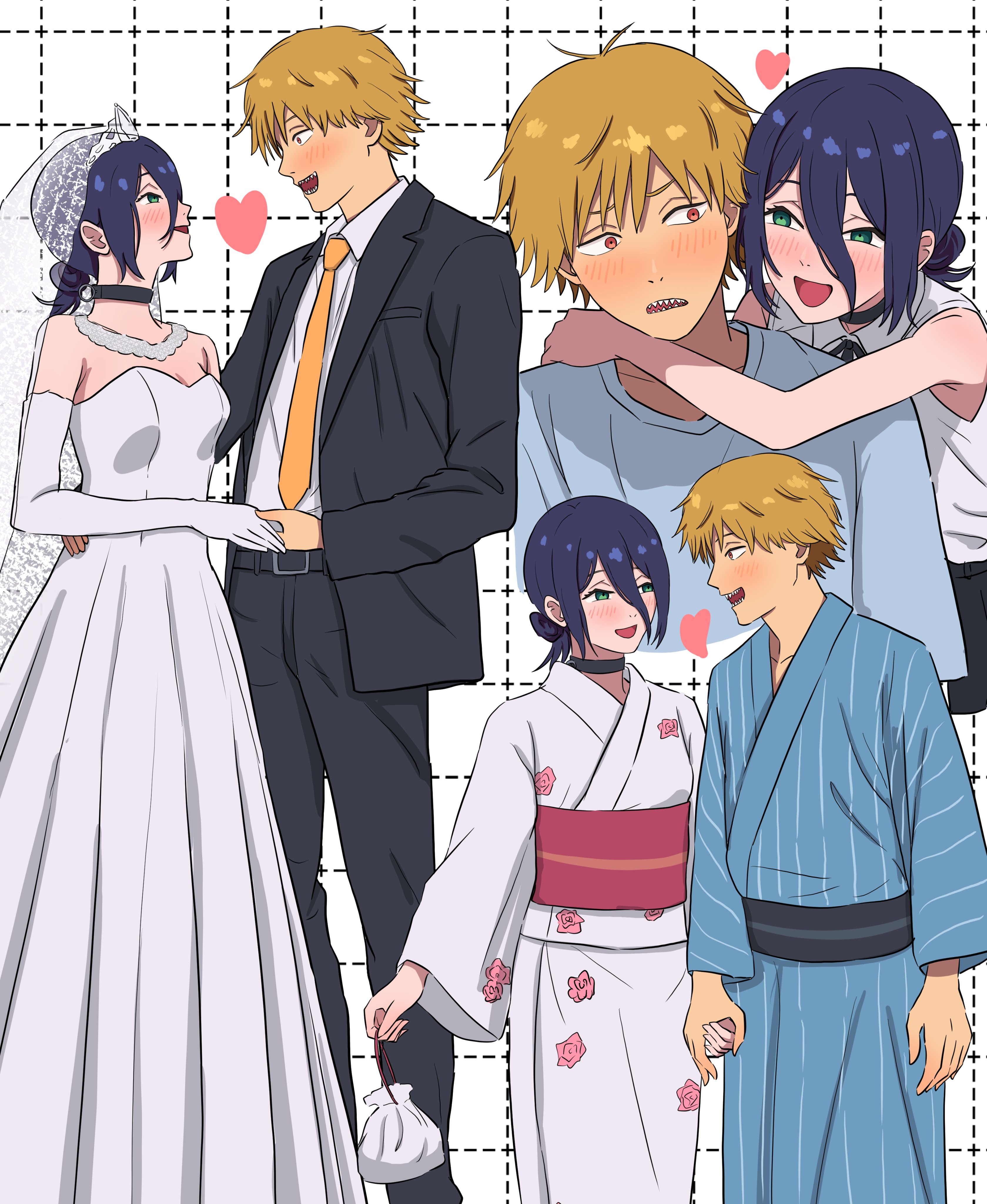 yoshikirino, denji (chainsaw man), reze (chainsaw man), chainsaw man, absurdres, highres, 1boy, 1girl, black choker, black hair, black ribbon, blonde hair, blush, choker, couch, couple, dress, formal clothes, green eyes, hair bun, happy, hug, japanese clothes, kimono, looking at another, neck ribbon, ribbon, shirt, shirt tucked in, single hair bun, sleeveless, sleeveless shirt, smile, suit, wedding dress