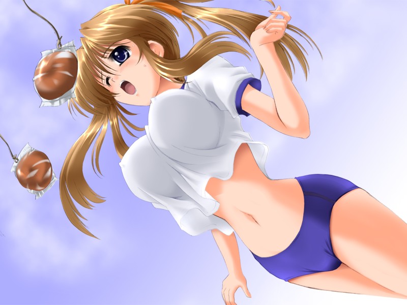 mizutani yukari, ryoujoku tonari no onee-san, game cg, 1girl, blue eyes, bouncing breasts, bread, breasts, brown hair, buruma, covered erect nipples, female focus, food, gym uniform, jumping, large breasts, navel, open mouth, solo, twintails