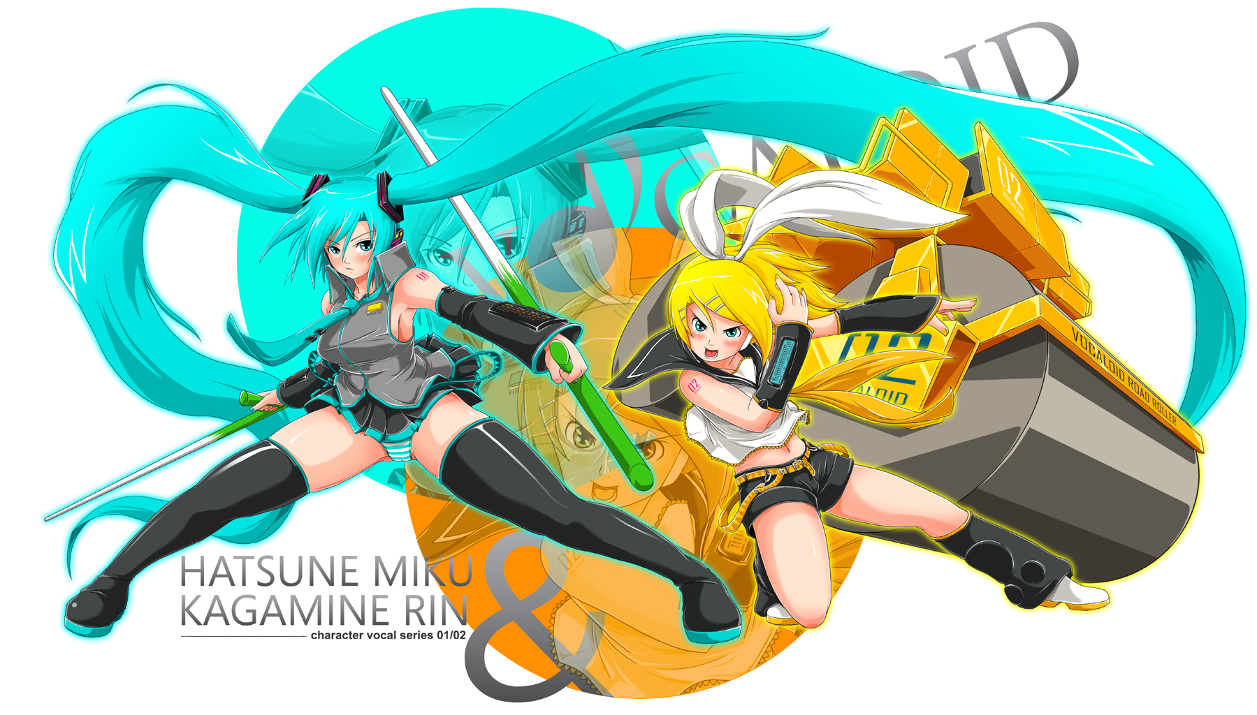 redlark, hatsune miku, kagamine rin, vocaloid, highres, blonde hair, green hair, long hair, panties, short hair, spring onion, steamroller, thighhighs, tonfa, twintails, underwear, very long hair, weapon