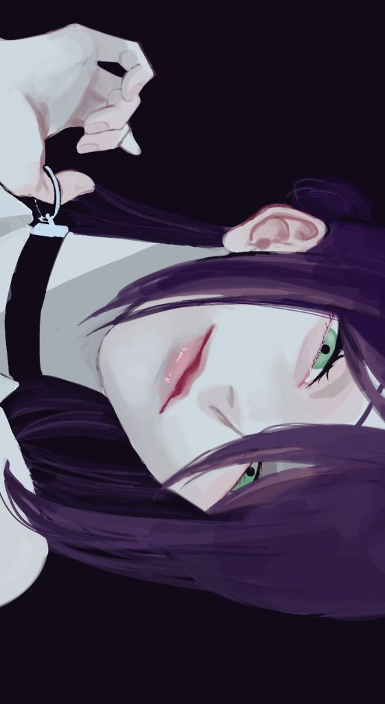 juzoh13, reze (chainsaw man), chainsaw man, 1girl, black choker, black ribbon, choker, green eyes, grenade pin, hair between eyes, hair bun, neck ribbon, pull cord, purple hair, ribbon, single hair bun, solo, upper body