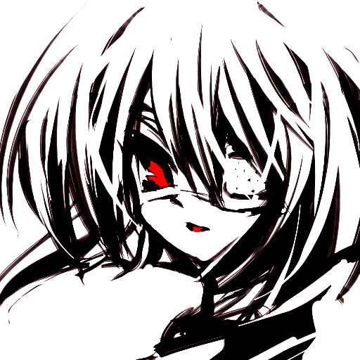 fume (artist), shindou chihiro, ef (visual novel), bad id, bad pixiv id, 00s, 1girl, eyepatch, female focus, hair between eyes, monochrome, red eyes, short hair, simple background, solo, spot color, white background