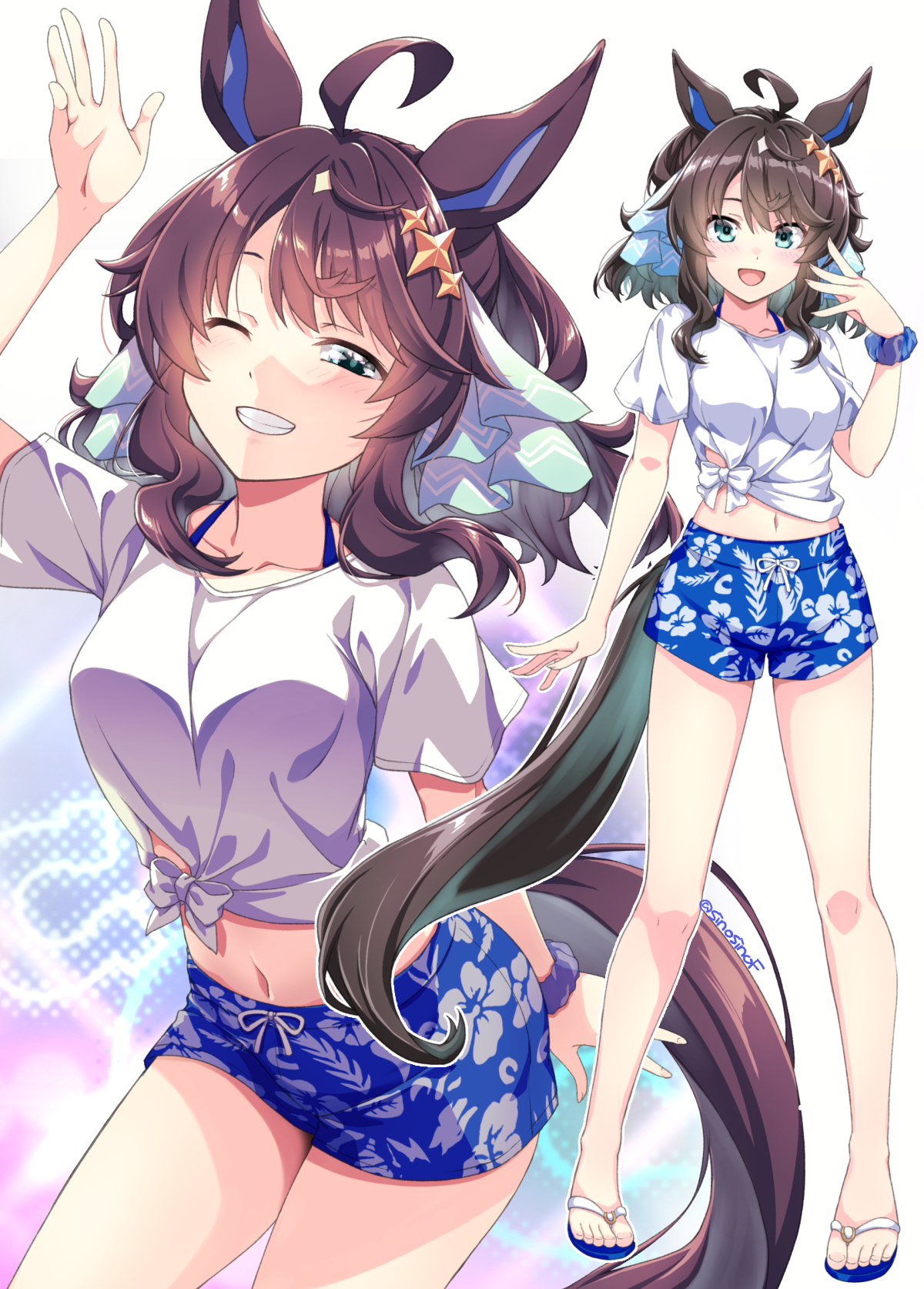 shinohara shinome, daring tact (umamusume), umamusume, highres, 1girl, animal ears, blue eyes, breasts, collarbone, full body, gaze on me! outfit (umamusume), grin, horse ears, horse girl, horse tail, looking at viewer, medium breasts, medium hair, midriff, multiple views, navel, one eye closed, open mouth, sandals, shirt, shorts, simple background, smile, sparkle, tail, tied shirt, toes, twitter username, white background