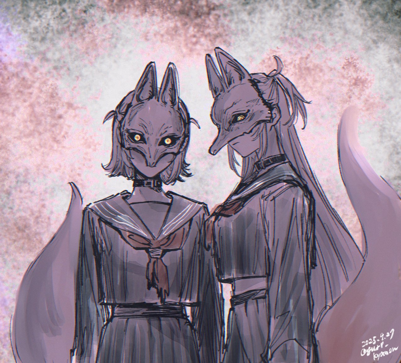 yuri kyanon, fuwawa abyssgard, mococo abyssgard, hololive, hololive english, silent hill (series), silent hill f, 2girls, alternate costume, black sailor collar, black serafuku, dated, fox mask, long hair, long sleeves, looking at viewer, mask, multiple girls, neckerchief, red neckerchief, sailor collar, school uniform, serafuku, short hair, standing, twitter username, two side up, virtual youtuber, yellow eyes