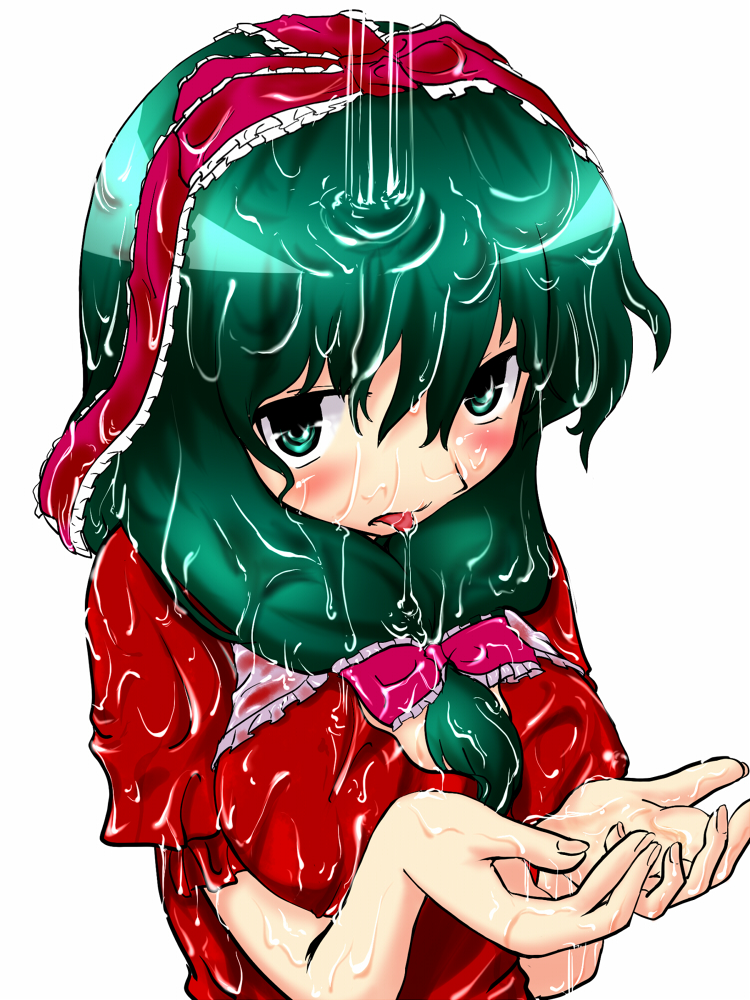 tsuki hana, kagiyama hina, touhou, bad id, bad pixiv id, 1girl, blush, female focus, front ponytail, green hair, long hair, ribbon, solo, tongue, wet