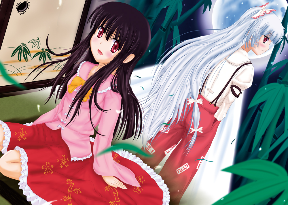 minami nanaki, nanaki, fujiwara no mokou, houraisan kaguya, touhou, silver hair, bad id, bad pixiv id, 2girls, black hair, female focus, long hair, multiple girls, ribbon