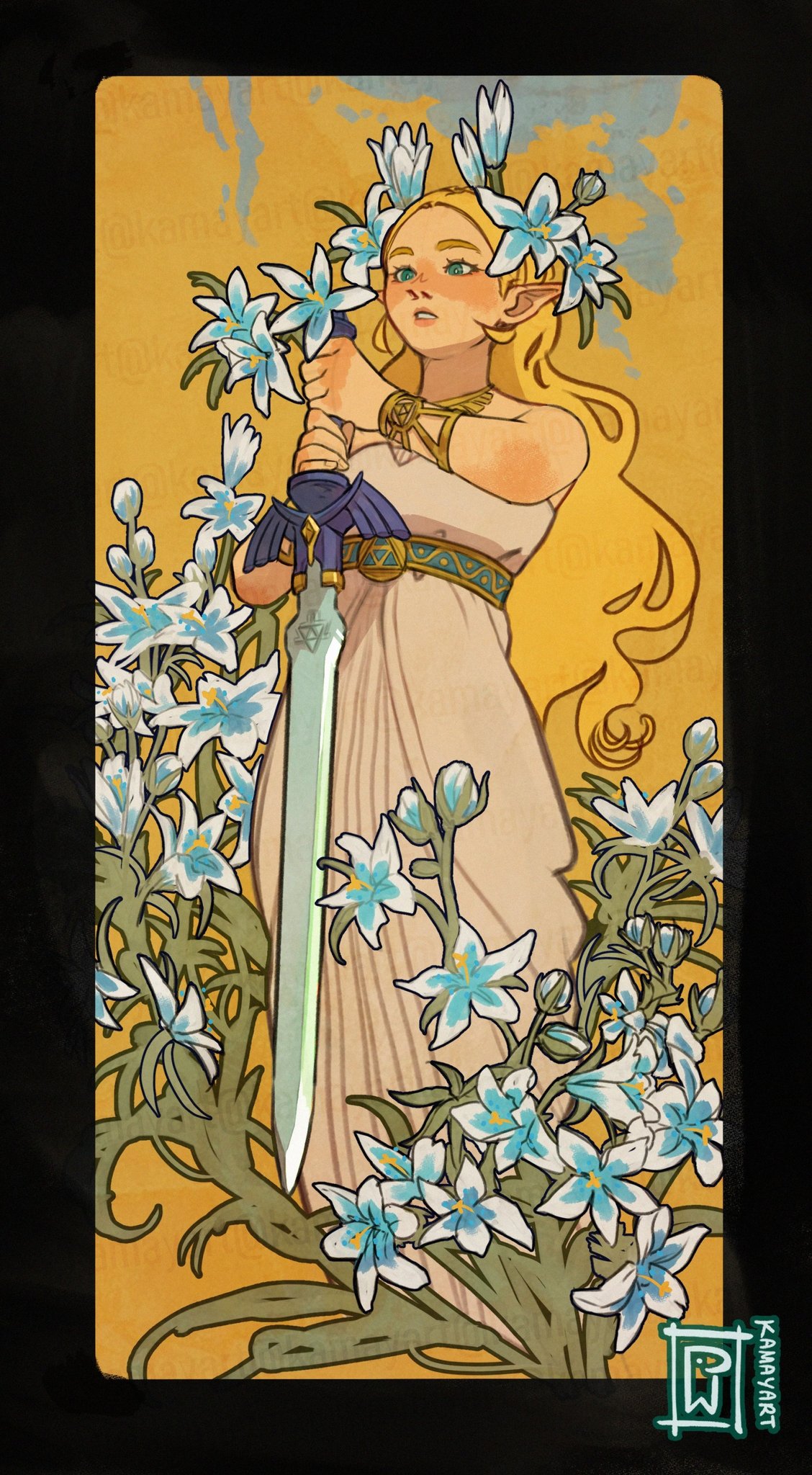 jacket mine, princess zelda, nintendo, the legend of zelda, the legend of zelda: breath of the wild, highres, 1girl, art nouveau, artist name, bare shoulders, black border, blonde hair, blue flower, border, breasts, dress, flower, gold necklace, gold trim, green eyes, hair flower, hair ornament, holding, holding sword, holding weapon, jewelry, long dress, long hair, master sword, medium breasts, necklace, parted bangs, parted lips, pointy ears, sidelocks, silent princess, solo, strapless, strapless dress, sword, weapon, white dress, yellow background