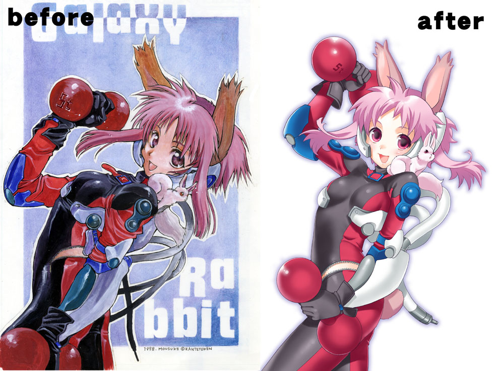 mattaku mousuke, bad id, bad pixiv id, redrawn, traditional media, 1998, 1girl, :d, animal ears, arm up, before and after, blush, bodysuit, cable, comparison, cyber punk, cyberpunk, dual wielding, dumbbell, exercising, flat chest, gloves, holding, open mouth, pet, pink eyes, pink hair, rabbit, rabbit ears, rabbit tail, retro artstyle, robot ears, short hair, signature, smile, standing, tail, unzipped, weightlifting, weights, zipper