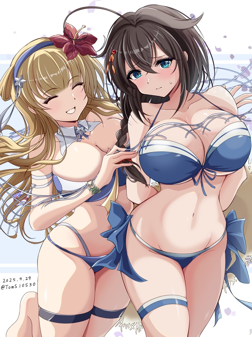 toms, fletcher (kancolle), fletcher mk ii (kancolle), fletcher mk ii (swimsuit) (kancolle), shigure (kancolle), shigure kai san (kancolle), shigure kai san (swimsuit) (kancolle), kantai collection, highres, bikini, blonde hair, blue bikini, blue eyes, braid, breasts, brown hair, cargo net, closed eyes, cowboy shot, dated, double bun, flower, folded hair, front-tie bikini top, front-tie top, hair between eyes, hair bun, hair flaps, hair flower, hair ornament, hair over shoulder, hairband, large breasts, long hair, medium breasts, navel, official alternate costume, single braid, swimsuit