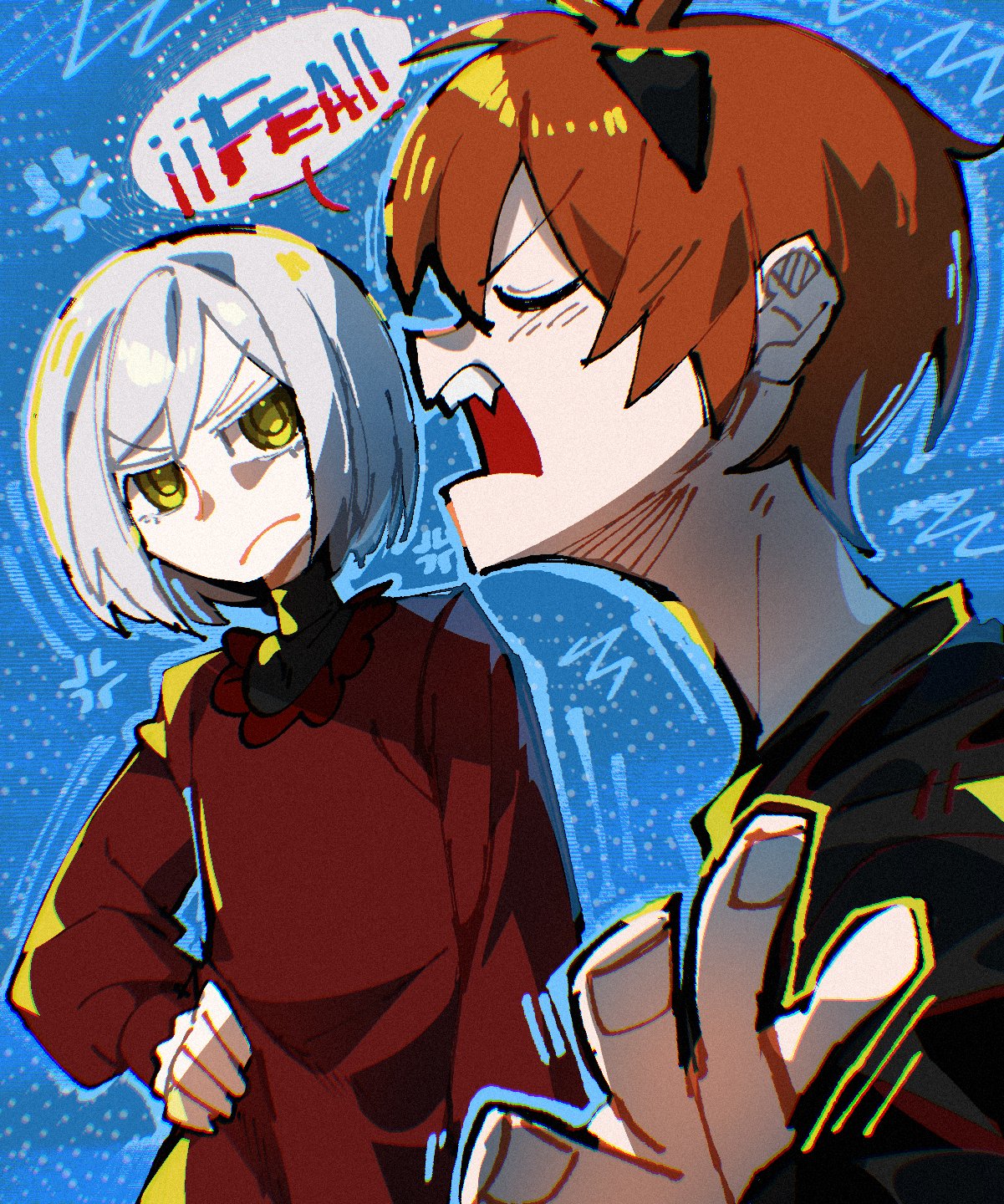 raingarita, highres, 1boy, 1girl, black horns, black shirt, brown hair, closed eyes, demon boy, dress, horns, kuru cyan, long sleeves, polka (game), polka swilhu, puffy sleeves, red dress, sharp teeth, shirt, short hair, teeth, white hair, yellow eyes