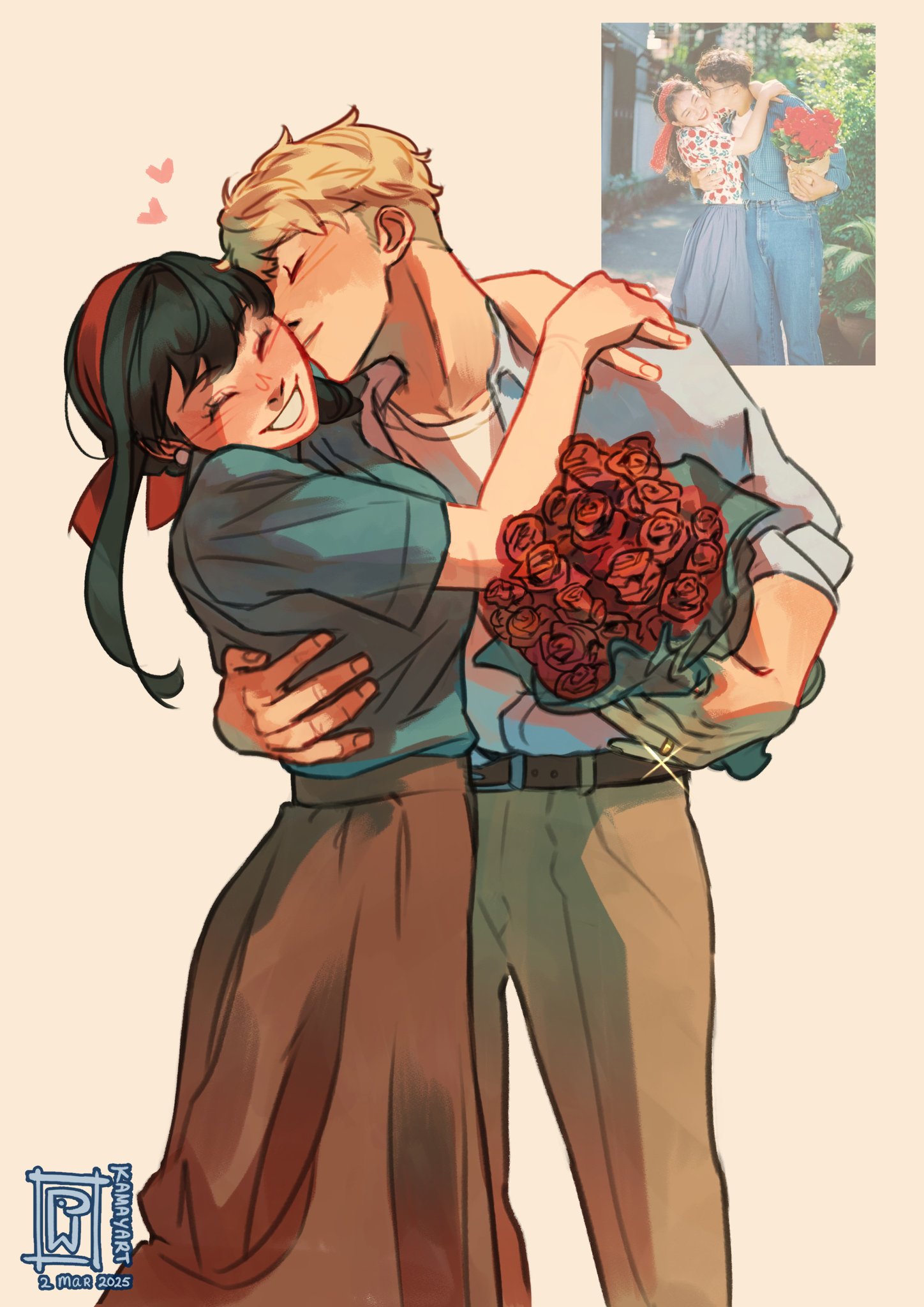 jacket mine, twilight (spy x family), yor briar, spy x family, highres, 1boy, 1girl, arm around back, arms around neck, artist name, black hair, blue shirt, bouquet, brown skirt, closed eyes, collared shirt, couple, cowboy shot, earrings, flower, grey pants, grin, hairband, hetero, holding, holding bouquet, jewelry, kiss, kissing cheek, long hair, long skirt, pants, parted lips, photo inset, red flower, red hairband, red rose, reference inset, ring, rose, shirt, short hair, short sleeves, sidelocks, skirt, sleeves rolled up, smile, sparkle, teeth, wedding ring, white shirt