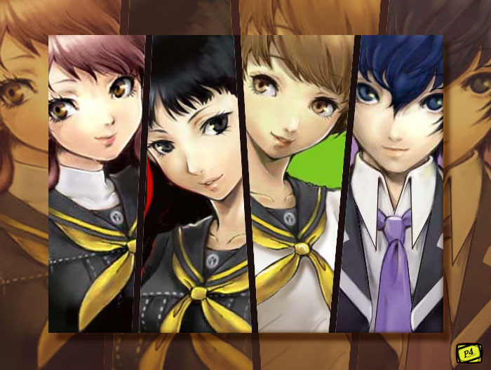 rasneko, amagi yukiko, kujikawa rise, satonaka chie, shirogane naoto, atlus, persona, persona 4, jpeg artifacts, 4girls, androgynous, black eyes, black hair, blue eyes, blue hair, brown eyes, brown hair, column lineup, lineup, multiple girls, necktie, purple hair, reverse trap, school uniform, serafuku, smile, zoom layer