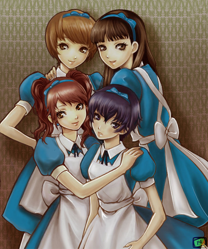 rasneko, alice (alice in wonderland), amagi yukiko, kujikawa rise, satonaka chie, shirogane naoto, alice's adventures in wonderland, atlus, persona, persona 4, 4girls, alice (alice in wonderland) (cosplay), apron, black hair, blue hair, brown hair, cosplay, dress, hair ribbon, long hair, maid, maid apron, multiple girls, puffy sleeves, ribbon, short hair, twintails, yuri