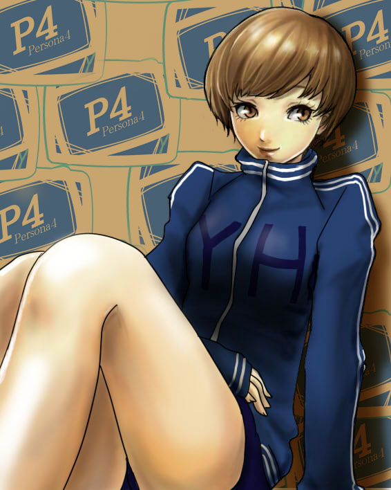 rasneko, satonaka chie, atlus, persona, persona 4, bad id, bad pixiv id, brown eyes, brown hair, short hair, sitting, solo
