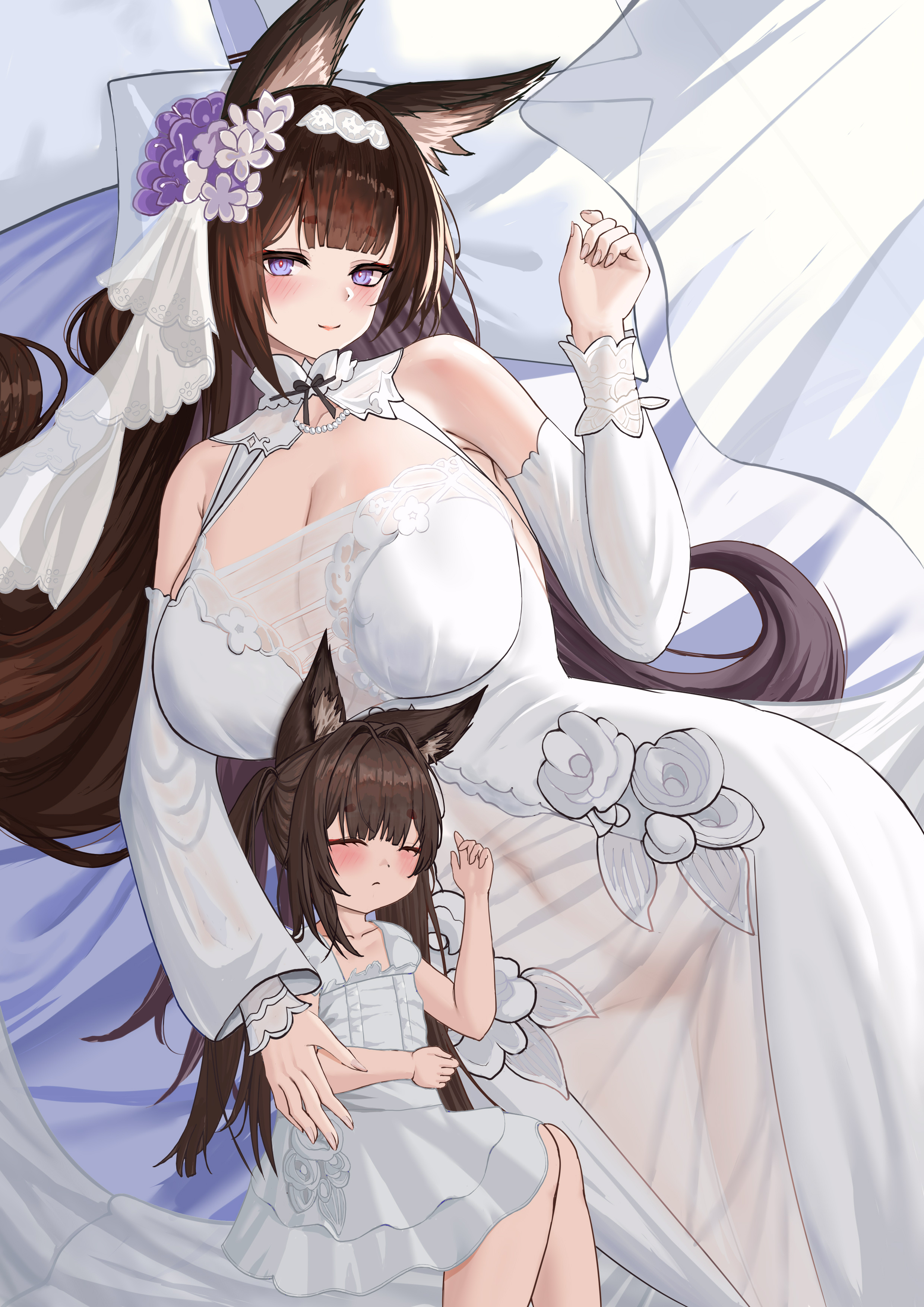 amagi-chan (azur lane), amagi (azur lane), azur lane, 2girls, breasts, brown hair, cleavage, dress, multiple girls, white dress