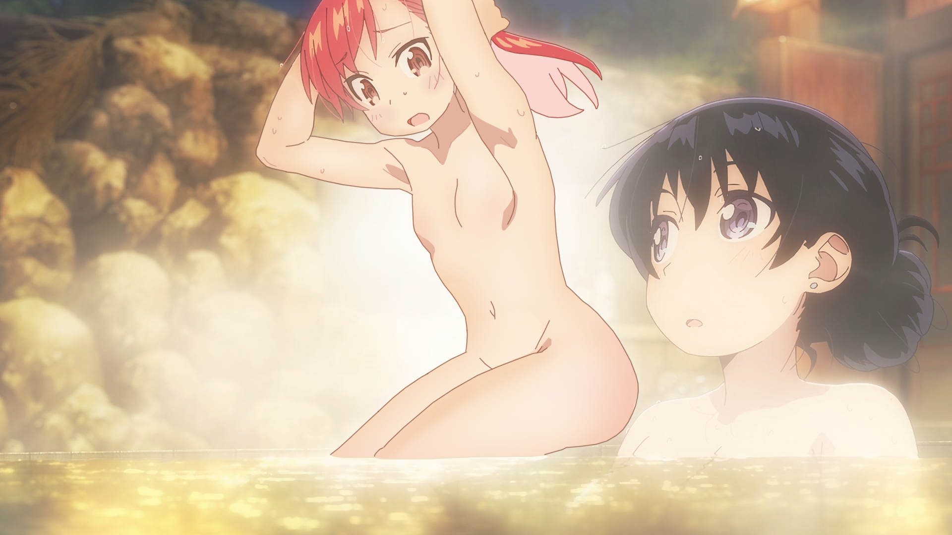 arato nagi, seto shouko, ruri no houseki, anime screenshot, highres, third-party edit, 2girls, adjusting hair, armpits, arms up, black hair, blue eyes, blush, breasts, earrings, groin, jewelry, long hair, multiple girls, navel, onsen, open mouth, partially submerged, red eyes, red hair, same-sex bathing, shared bathing, small breasts, stomach, thighs, water