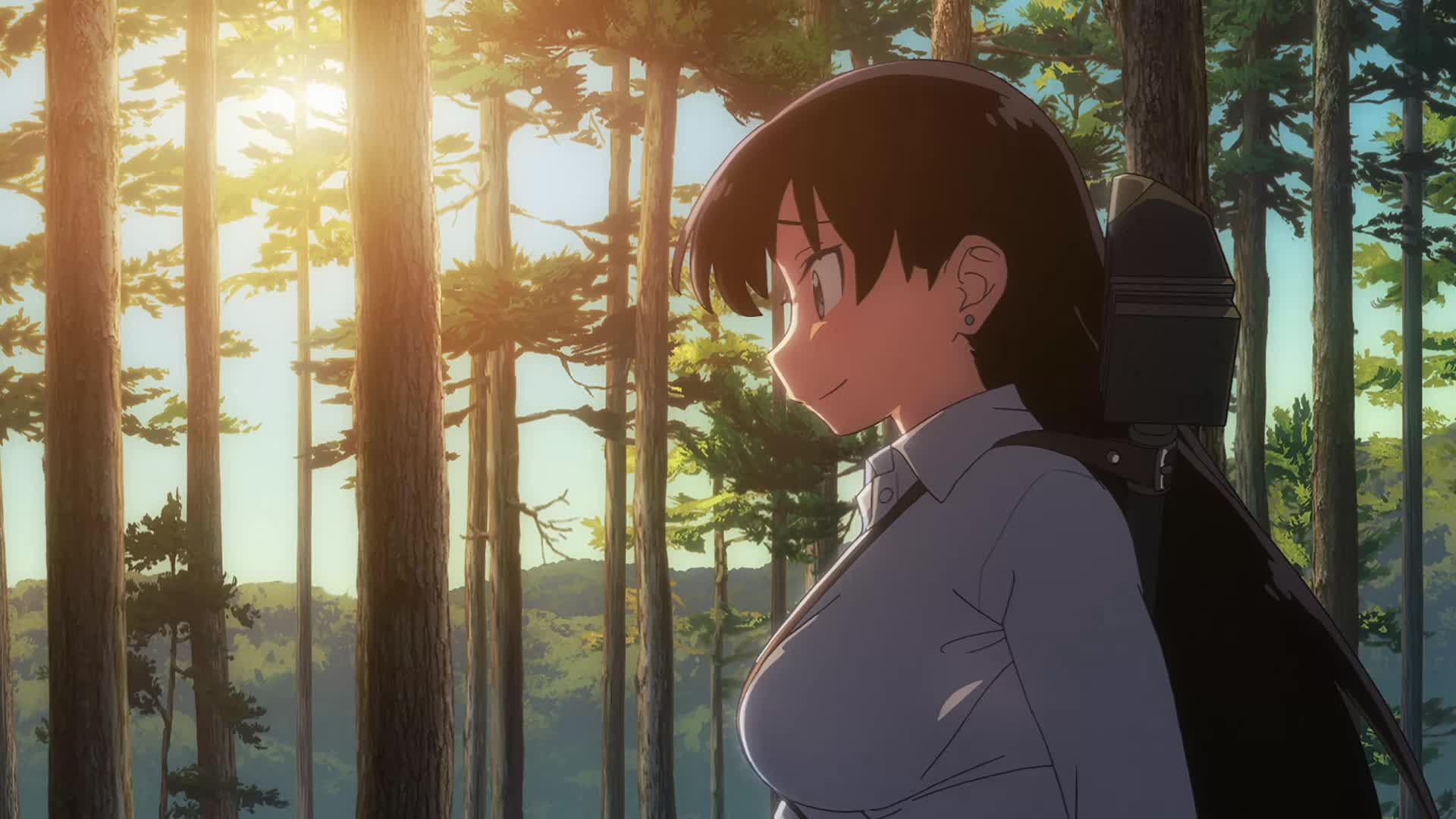 arato nagi, ruri no houseki, animated, anime screenshot, highres, sound, tagme, video, 1girl, between breasts, black hair, blue eyes, bouncing breasts, breasts, large breasts, long hair, outdoors, shirt, strap between breasts, walking, white shirt