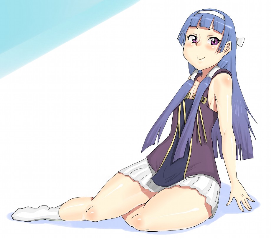 seri (pixiv), seritsumi, nagi, kannagi, bad id, bad pixiv id, 00s, 1girl, blue hair, blunt bangs, female focus, hair tubes, long hair, pleated skirt, skirt, solo, white skirt