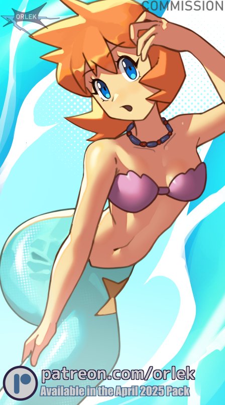 orlek, misty (pokemon), nintendo, pokemon, pokemon gsc, pokemon hgss, 1girl, :o, bare shoulders, bikini, blue eyes, breasts, collarbone, eyelashes, jewelry, looking at viewer, medium hair, mermaid, monster girl, monsterification, navel, necklace, open mouth, orange hair, shell, shell bikini, short hair, solo, strapless, strapless bikini, swimsuit