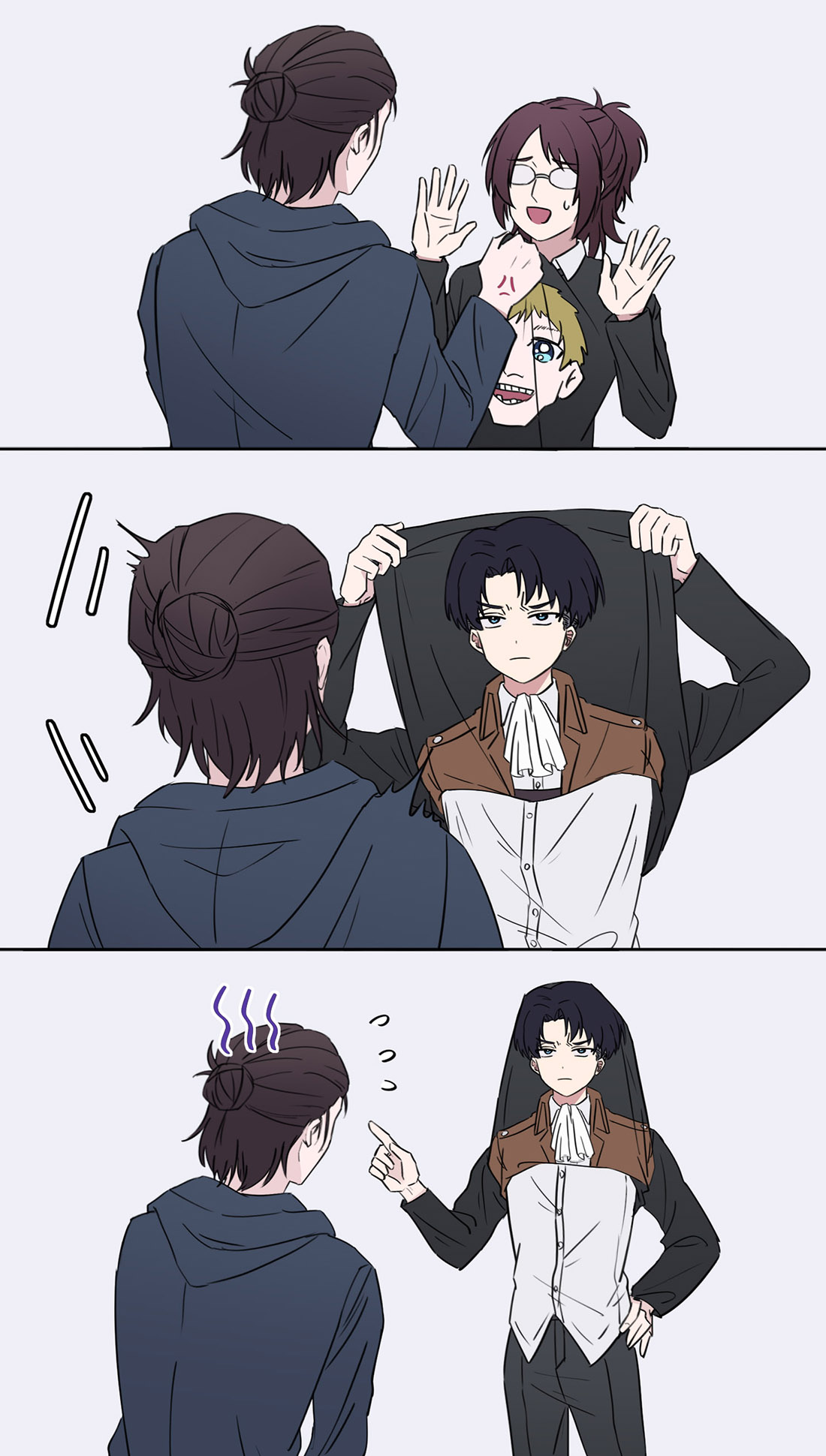 eren yeager, hange zoe, levi (shingeki no kyojin), shingeki no kyojin, highres, 1boy, 1other, anger vein, ascot, black hair, brown hair, brown jacket, clothes grab, clothes lift, collared shirt, grey pants, hair bun, hand on own hip, hands up, jacket, medium hair, nervous smile, ng note02, pants, parted bangs, pointing, ponytail, shirt, shirt grab, shirt lift, shirt over head, short hair, smile, sweatdrop, upper body, white ascot, white shirt