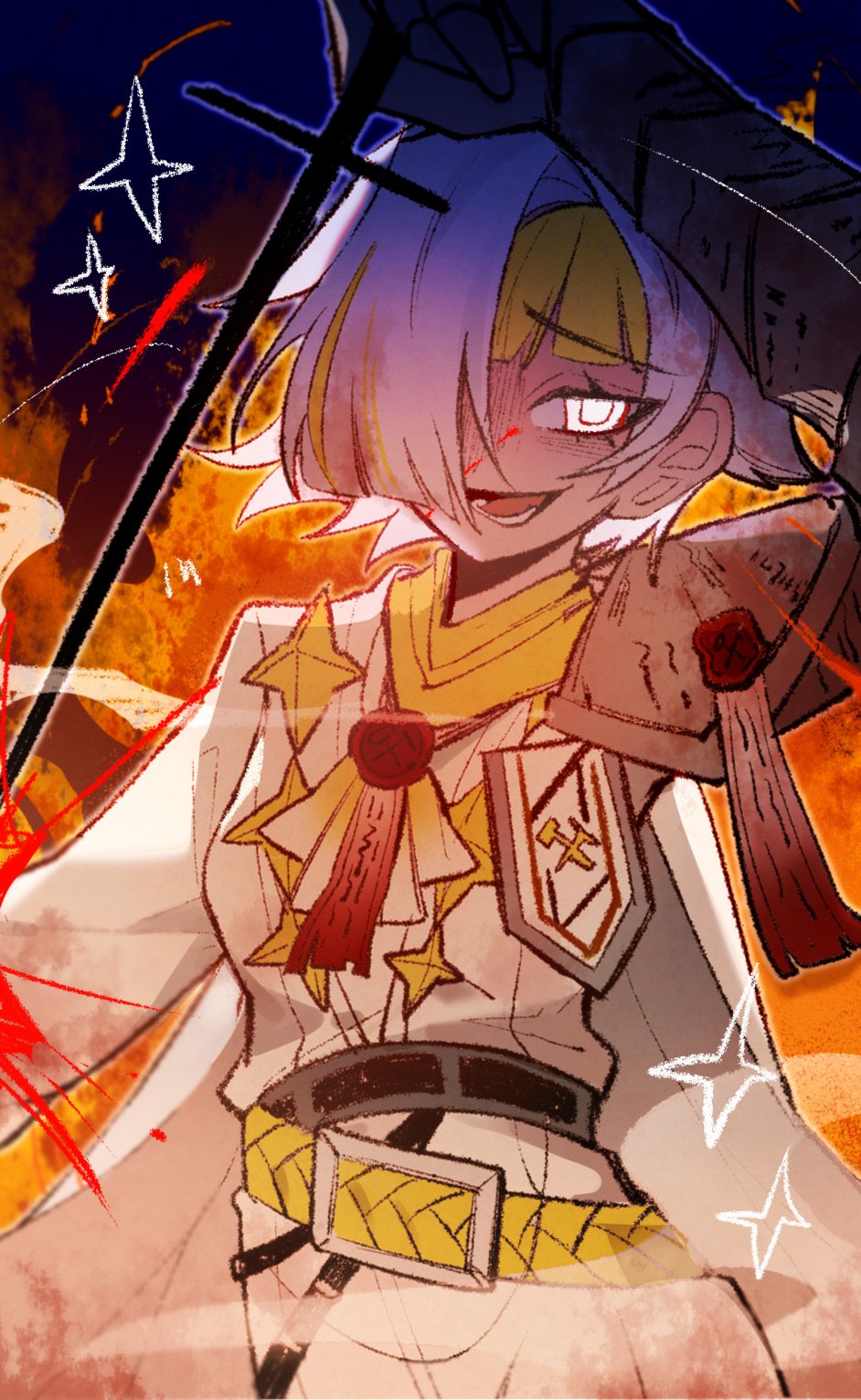 lihua miliki, kromer (project moon), limbus company, project moon, highres, 1girl, ascot, belt, blonde hair, blood, blood in hair, blue background, fire, gauntlets, guido (project moon), hair over one eye, holding, holding nail, long sleeves, looking at viewer, multicolored hair, nail (hardware), open mouth, pants, shirt, short hair, simple background, solo, standing, streaked hair, upper body, white eyes, white hair, white pants, white shirt, yellow ascot, yellow belt