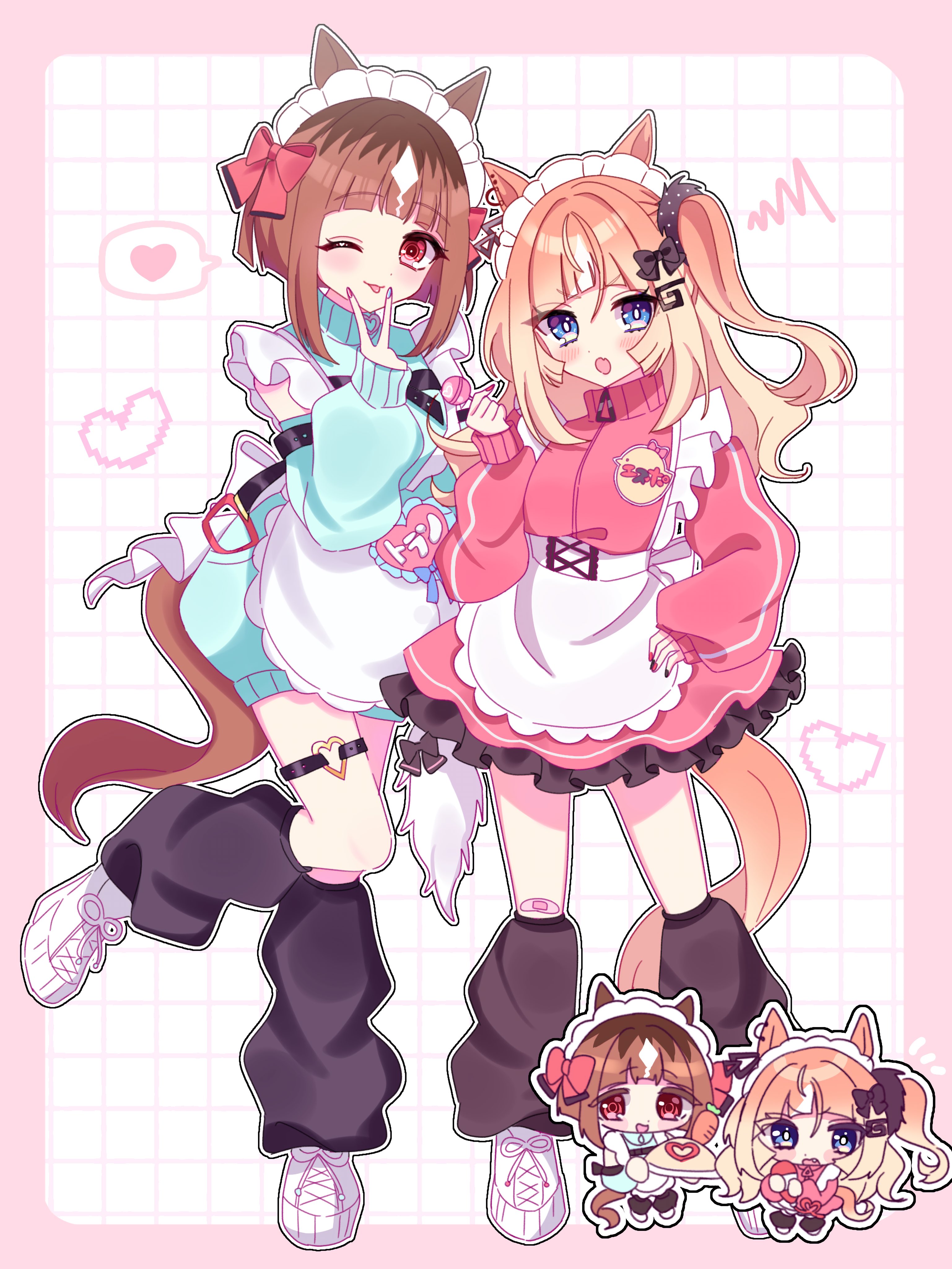 espoir city (umamusume), transcend (umamusume), umamusume, absurdres, highres, 2girls, alternate costume, ame (a 10ii), animal ears, apron, black socks, blue eyes, blue track suit, blush, breasts, brown hair, carrot, chibi, closed eyes, ear ornament, frilled apron, frills, hair ornament, heart, holding, holding tray, horse earrings, horse ears, horse girl, horse tail, jacket, jersey maid, ketchup, ketchup bottle, leg warmers, long hair, looking at viewer, loose socks, maid, maid apron, maid headdress, multicolored hair, multiple girls, one eye closed, open mouth, orange hair, red eyes, red track suit, shoes, short hair, smile, socks, tail, thigh strap, tongue, tongue out, track jacket, track suit, tray, turtleneck, turtleneck jacket, unconventional maid, v, waist apron, white apron, white hair, white headdress