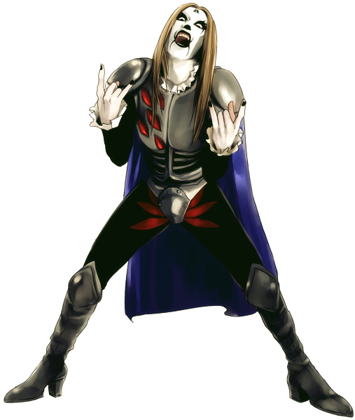 johannes krauser ii, detroit metal city, 00s, 1boy, n/, armor, blonde hair, boots, cape, facepaint, long hair, male focus, nail polish, open mouth, solo, white background