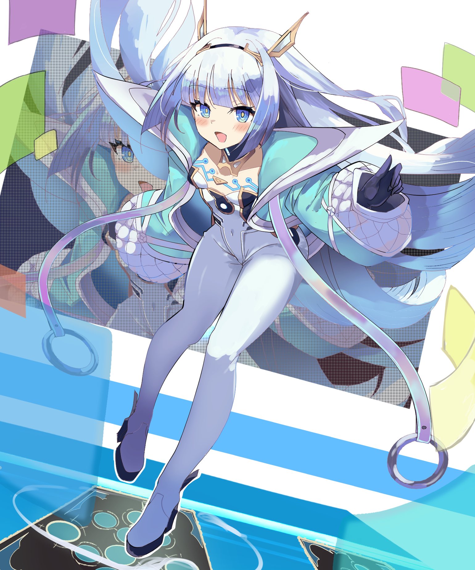 koshian (taiyaki), eudie (shadowverse), shadowverse, shadowverse: worlds beyond, highres, 1girl, aqua jacket, black gloves, blue eyes, bodysuit, breasts, cleavage, gloves, hairband, jacket, long hair, long sleeves, looking at viewer, open clothes, open jacket, open mouth, pointing, simple background, small breasts, solo, very long hair, white background, white bodysuit, white hair
