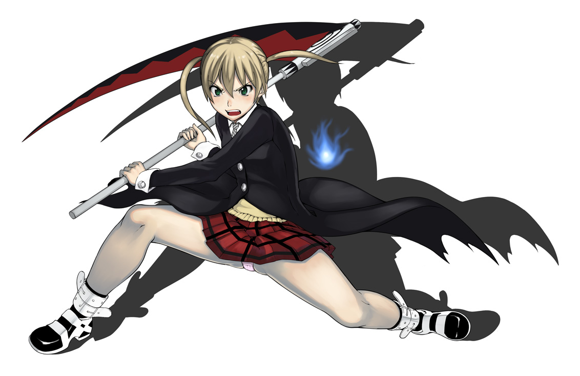 oboro (squeeze), maka albarn, soul evans, soul eater, striped, 00s, 1girl, angry, blonde hair, blush, coat, female focus, fighting stance, fire, full body, glowing, green eyes, legs, necktie, open mouth, panties, pantyshot, pink panties, plaid clothes, plaid skirt, pleated skirt, school uniform, scythe, serafuku, shadow, simple background, skirt, solo, soul, spread legs, strap, sweater vest, torn clothes, trench coat, twintails, underwear