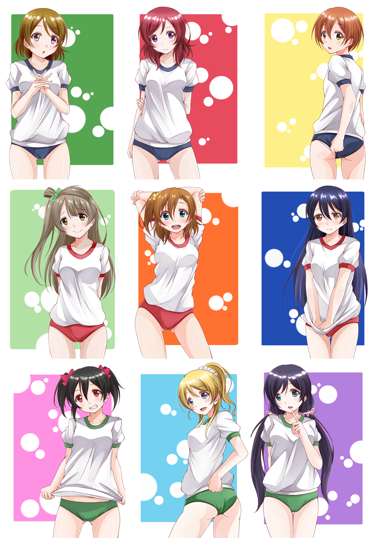 ayase eli, hoshizora rin, koizumi hanayo, kosaka honoka, minami kotori, nishikino maki, sonoda umi, tojo nozomi, yazawa nico, 6+girls, black hair, blonde hair, blue hair, brown hair, buruma, gym uniform, multiple girls