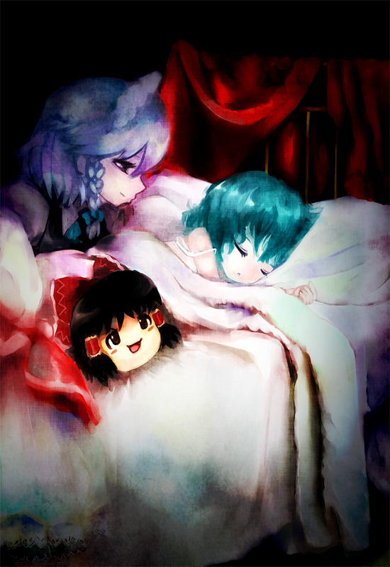amii, hakurei reimu, izayoi sakuya, remilia scarlet, touhou, bad id, bad pixiv id, 3girls, bed, female focus, multiple girls, sleeping, yukkuri shiteitte ne