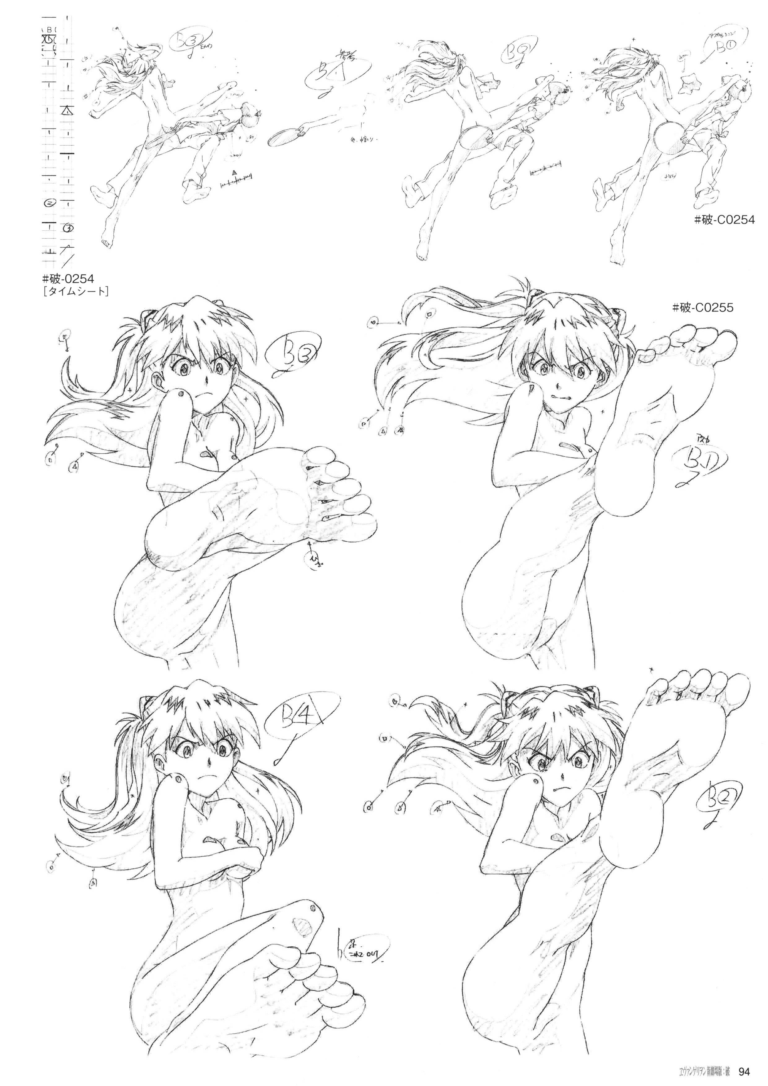 ikari shinji, souryuu asuka langley, evangelion: 2.0 you can (not) advance, neon genesis evangelion, rebuild of evangelion, concept art, official art, 1boy, 1girl, angry, ass, breasts, clothed male nude female, completely nude, covering breasts, covering privates, feet, foot focus, kicking, long hair, nude, production art, sketch, small breasts, toes